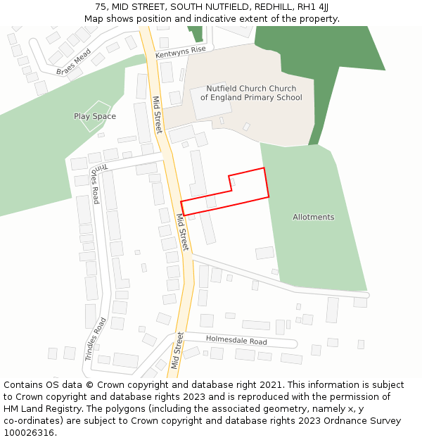 75, MID STREET, SOUTH NUTFIELD, REDHILL, RH1 4JJ: Location map and indicative extent of plot
