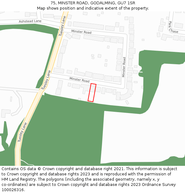 75, MINSTER ROAD, GODALMING, GU7 1SR: Location map and indicative extent of plot