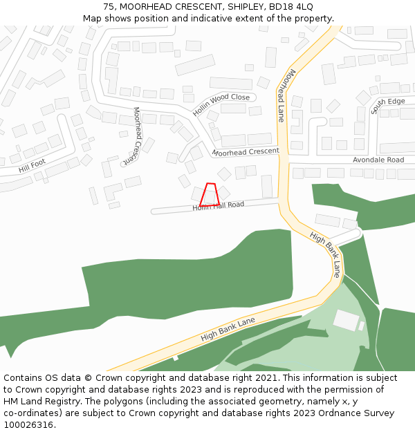 75, MOORHEAD CRESCENT, SHIPLEY, BD18 4LQ: Location map and indicative extent of plot