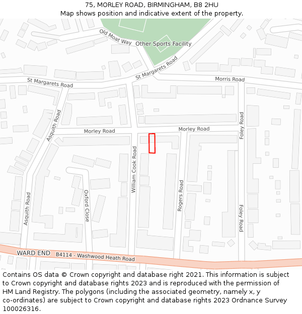 75, MORLEY ROAD, BIRMINGHAM, B8 2HU: Location map and indicative extent of plot