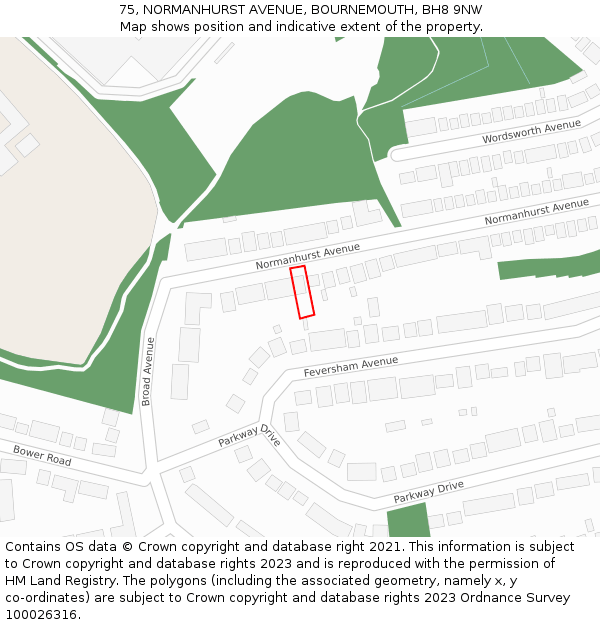 75, NORMANHURST AVENUE, BOURNEMOUTH, BH8 9NW: Location map and indicative extent of plot