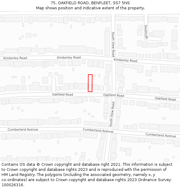 75, OAKFIELD ROAD, BENFLEET, SS7 5NS: Location map and indicative extent of plot