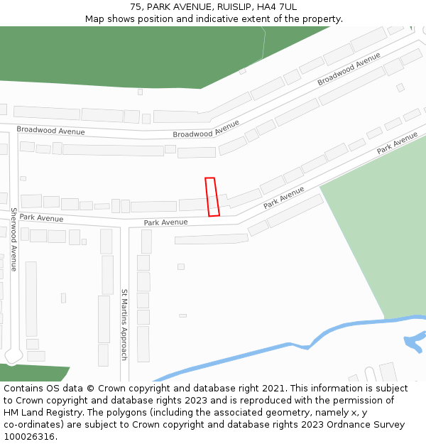 75, PARK AVENUE, RUISLIP, HA4 7UL: Location map and indicative extent of plot