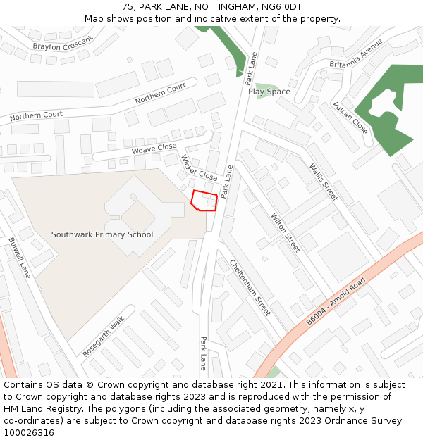 75, PARK LANE, NOTTINGHAM, NG6 0DT: Location map and indicative extent of plot