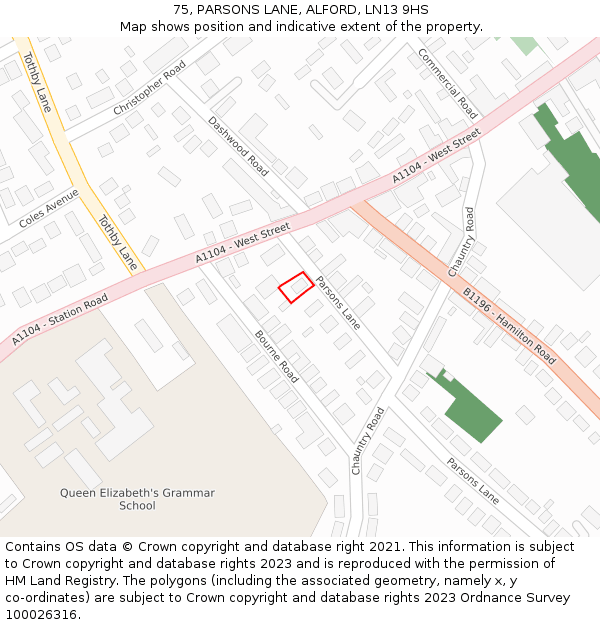 75, PARSONS LANE, ALFORD, LN13 9HS: Location map and indicative extent of plot