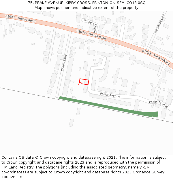 75, PEAKE AVENUE, KIRBY CROSS, FRINTON-ON-SEA, CO13 0SQ: Location map and indicative extent of plot