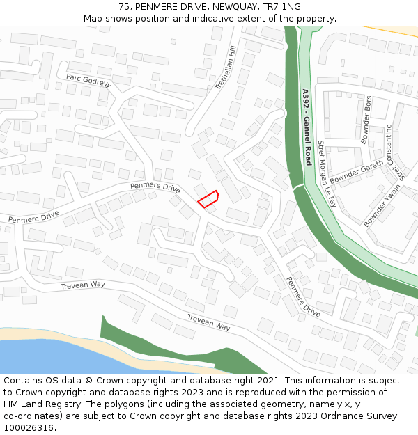 75, PENMERE DRIVE, NEWQUAY, TR7 1NG: Location map and indicative extent of plot