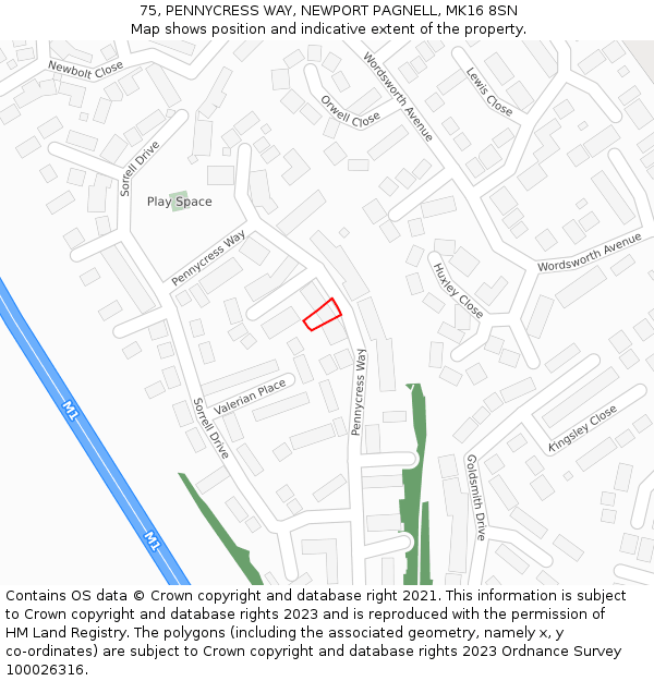 75, PENNYCRESS WAY, NEWPORT PAGNELL, MK16 8SN: Location map and indicative extent of plot