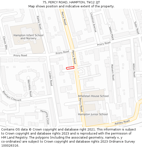 75, PERCY ROAD, HAMPTON, TW12 2JT: Location map and indicative extent of plot