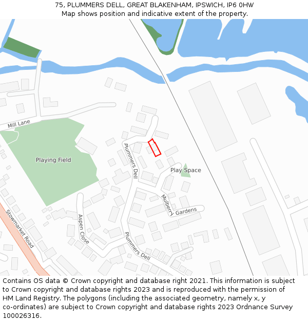 75, PLUMMERS DELL, GREAT BLAKENHAM, IPSWICH, IP6 0HW: Location map and indicative extent of plot