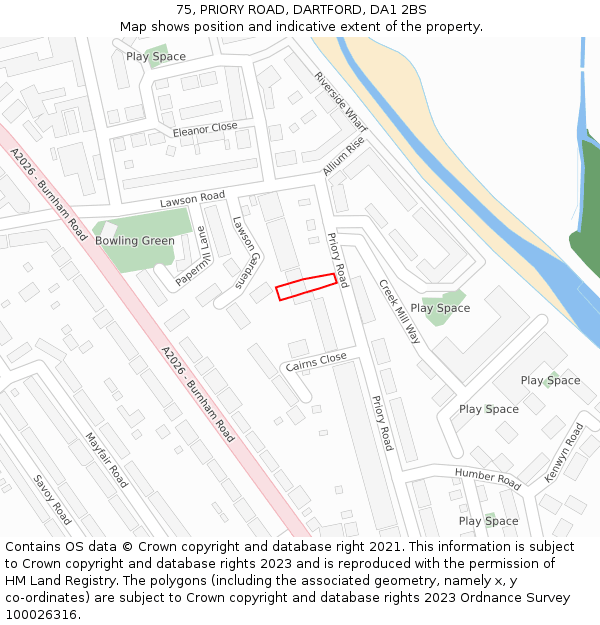 75, PRIORY ROAD, DARTFORD, DA1 2BS: Location map and indicative extent of plot