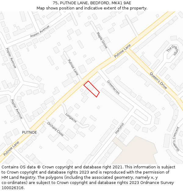 75, PUTNOE LANE, BEDFORD, MK41 9AE: Location map and indicative extent of plot