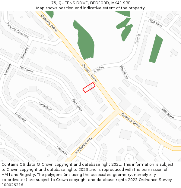 75, QUEENS DRIVE, BEDFORD, MK41 9BP: Location map and indicative extent of plot
