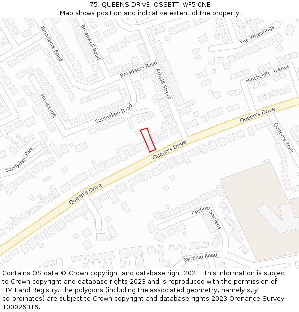 75, QUEENS DRIVE, OSSETT, WF5 0NE: Location map and indicative extent of plot