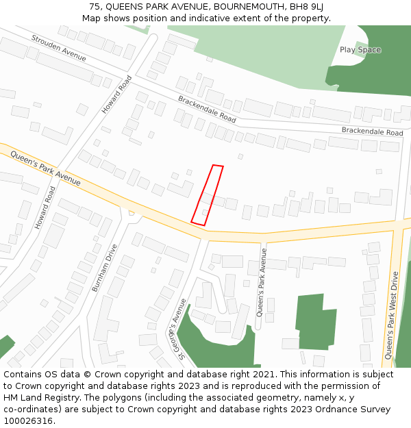 75, QUEENS PARK AVENUE, BOURNEMOUTH, BH8 9LJ: Location map and indicative extent of plot
