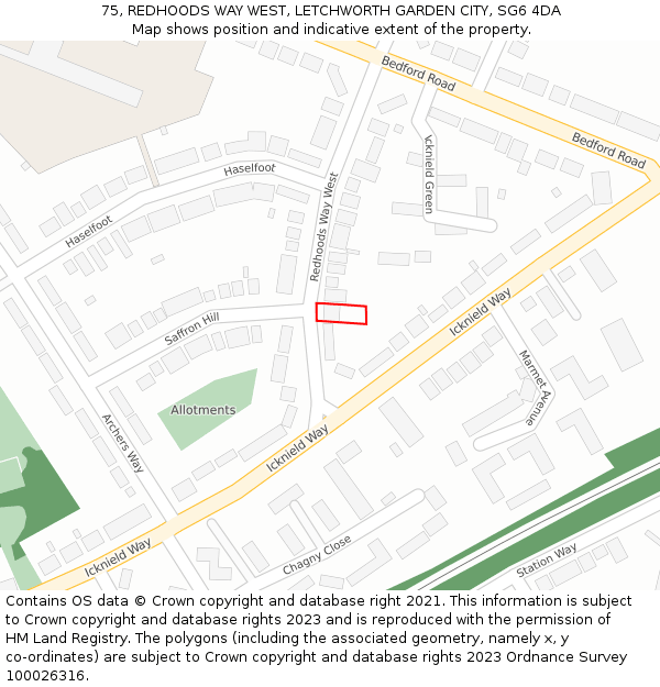 75, REDHOODS WAY WEST, LETCHWORTH GARDEN CITY, SG6 4DA: Location map and indicative extent of plot