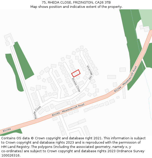75, RHEDA CLOSE, FRIZINGTON, CA26 3TB: Location map and indicative extent of plot