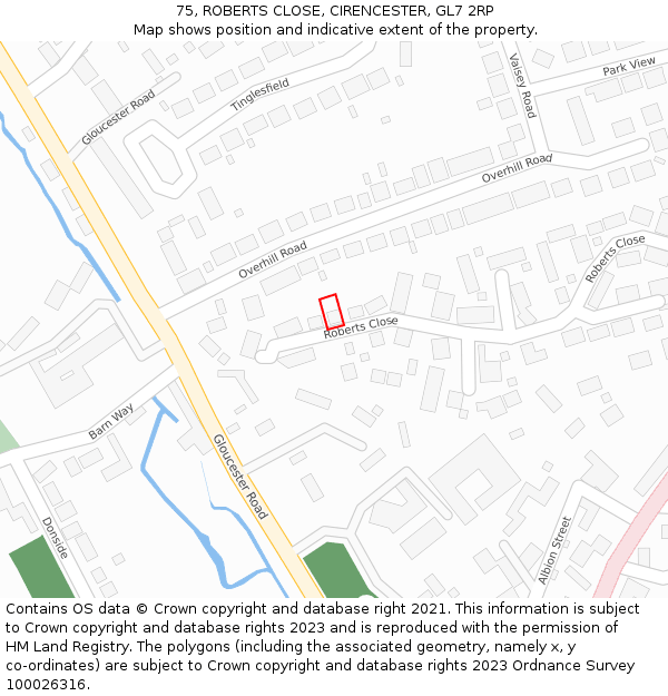 75, ROBERTS CLOSE, CIRENCESTER, GL7 2RP: Location map and indicative extent of plot