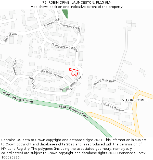 75, ROBIN DRIVE, LAUNCESTON, PL15 9LN: Location map and indicative extent of plot
