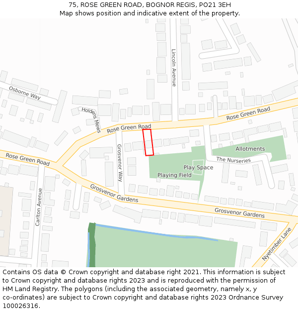 75, ROSE GREEN ROAD, BOGNOR REGIS, PO21 3EH: Location map and indicative extent of plot