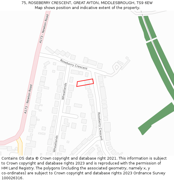 75, ROSEBERRY CRESCENT, GREAT AYTON, MIDDLESBROUGH, TS9 6EW: Location map and indicative extent of plot