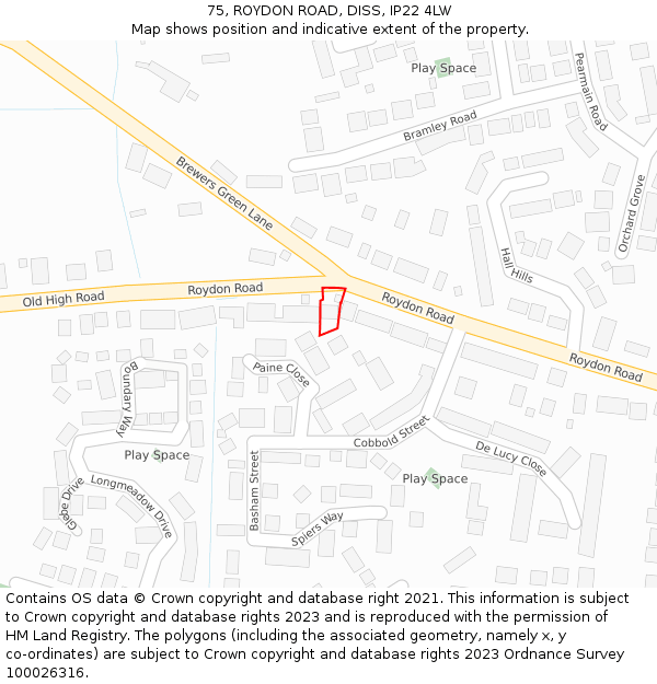 75, ROYDON ROAD, DISS, IP22 4LW: Location map and indicative extent of plot