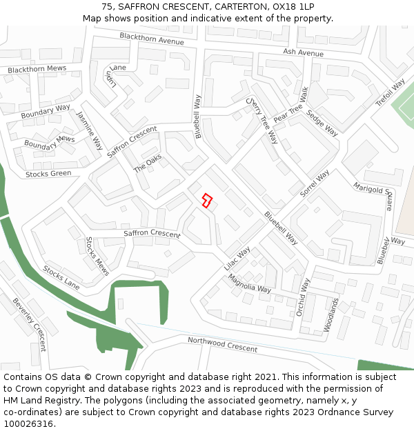 75, SAFFRON CRESCENT, CARTERTON, OX18 1LP: Location map and indicative extent of plot