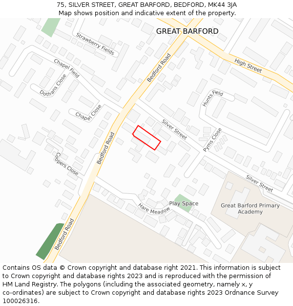 75, SILVER STREET, GREAT BARFORD, BEDFORD, MK44 3JA: Location map and indicative extent of plot