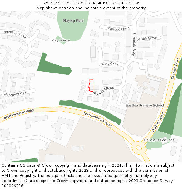 75, SILVERDALE ROAD, CRAMLINGTON, NE23 3LW: Location map and indicative extent of plot