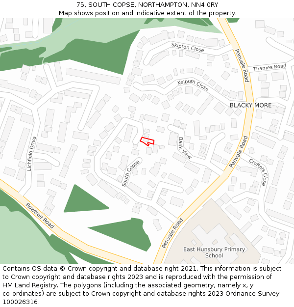 75, SOUTH COPSE, NORTHAMPTON, NN4 0RY: Location map and indicative extent of plot