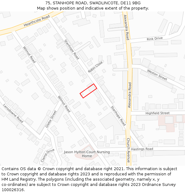 75, STANHOPE ROAD, SWADLINCOTE, DE11 9BG: Location map and indicative extent of plot