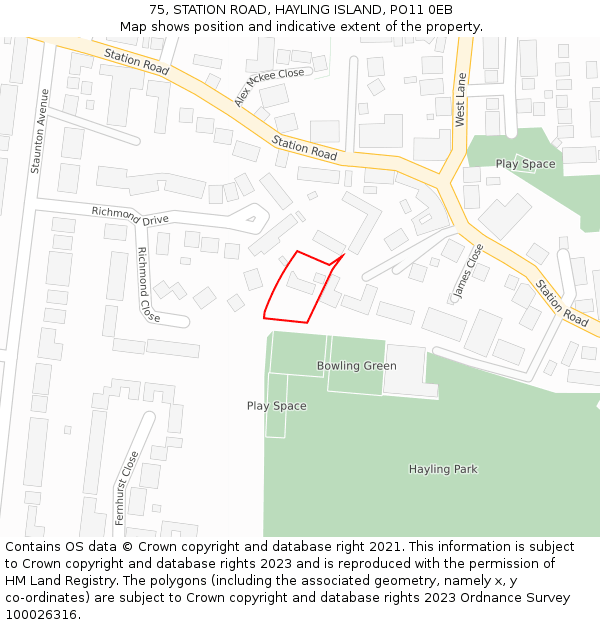 75, STATION ROAD, HAYLING ISLAND, PO11 0EB: Location map and indicative extent of plot