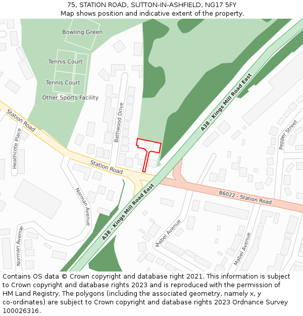 75, STATION ROAD, SUTTON-IN-ASHFIELD, NG17 5FY: Location map and indicative extent of plot