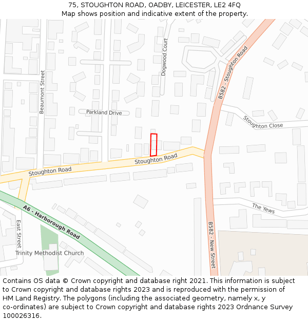 75, STOUGHTON ROAD, OADBY, LEICESTER, LE2 4FQ: Location map and indicative extent of plot