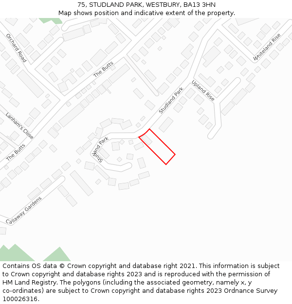 75, STUDLAND PARK, WESTBURY, BA13 3HN: Location map and indicative extent of plot