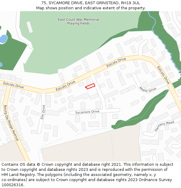 75, SYCAMORE DRIVE, EAST GRINSTEAD, RH19 3UL: Location map and indicative extent of plot