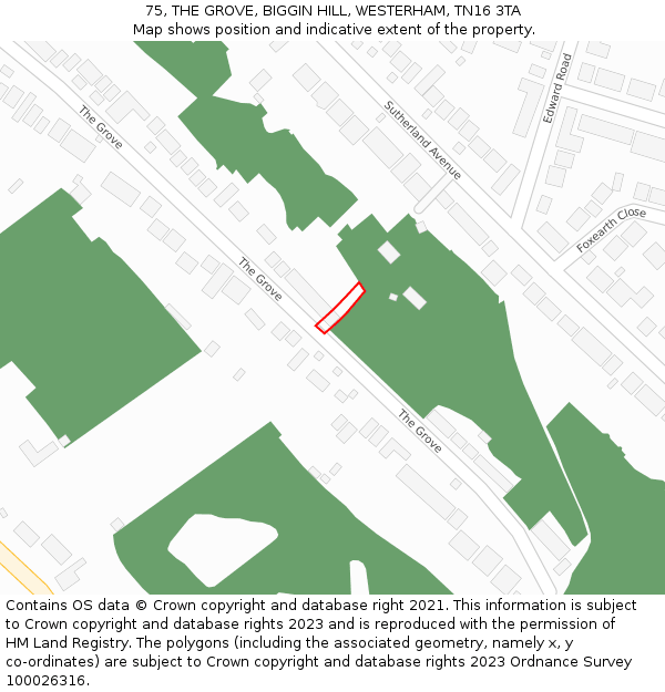 75, THE GROVE, BIGGIN HILL, WESTERHAM, TN16 3TA: Location map and indicative extent of plot