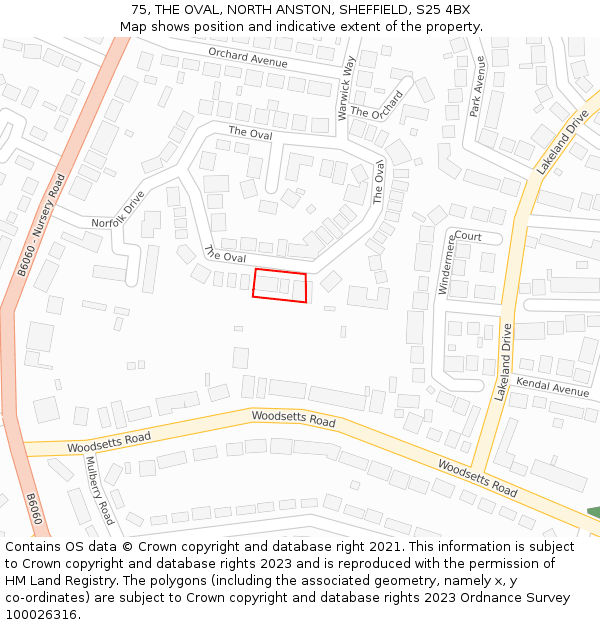 75, THE OVAL, NORTH ANSTON, SHEFFIELD, S25 4BX: Location map and indicative extent of plot