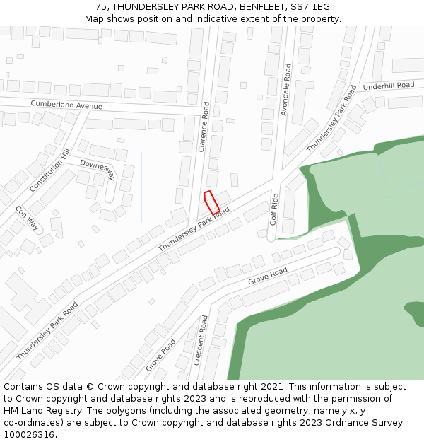 75, THUNDERSLEY PARK ROAD, BENFLEET, SS7 1EG: Location map and indicative extent of plot