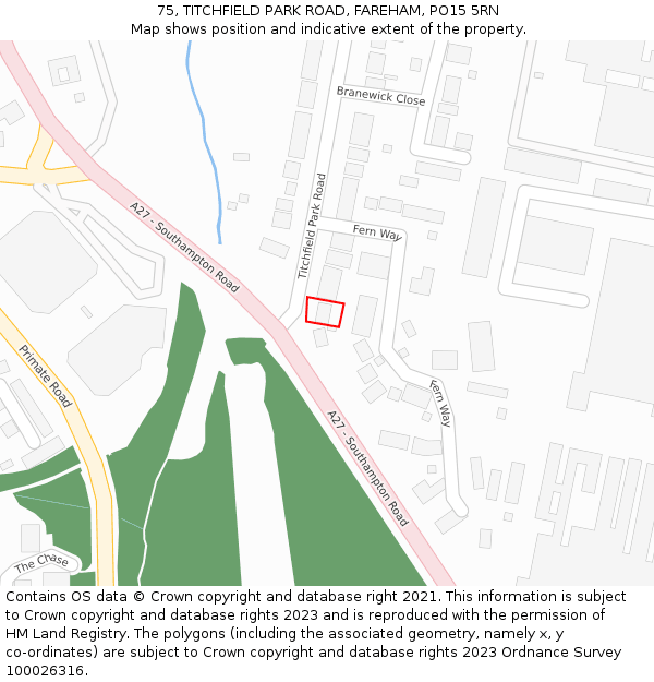 75, TITCHFIELD PARK ROAD, FAREHAM, PO15 5RN: Location map and indicative extent of plot