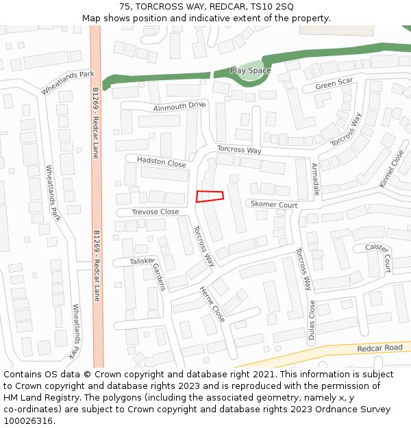 75, TORCROSS WAY, REDCAR, TS10 2SQ: Location map and indicative extent of plot