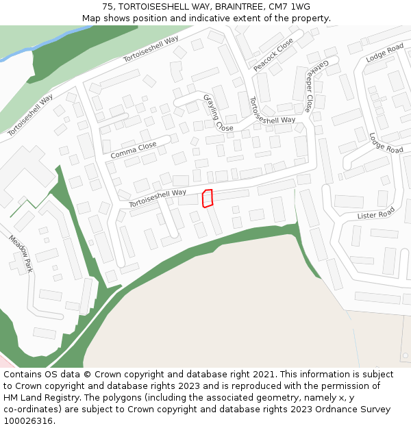 75, TORTOISESHELL WAY, BRAINTREE, CM7 1WG: Location map and indicative extent of plot