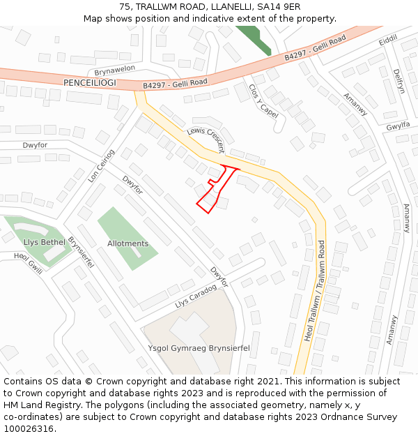 75, TRALLWM ROAD, LLANELLI, SA14 9ER: Location map and indicative extent of plot