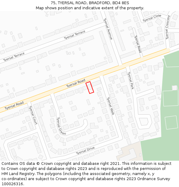 75, TYERSAL ROAD, BRADFORD, BD4 8ES: Location map and indicative extent of plot