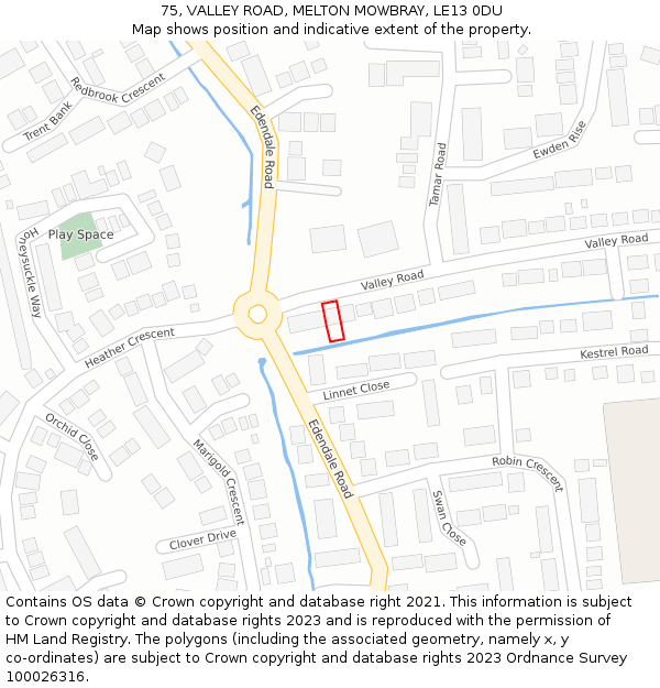 75, VALLEY ROAD, MELTON MOWBRAY, LE13 0DU: Location map and indicative extent of plot