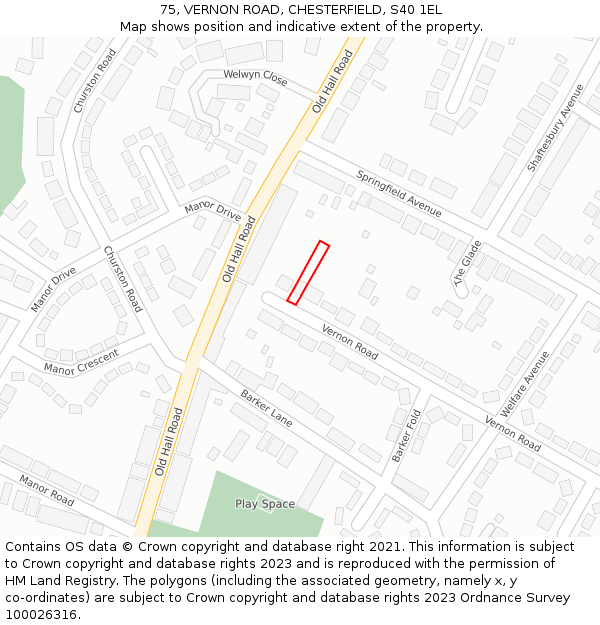 75, VERNON ROAD, CHESTERFIELD, S40 1EL: Location map and indicative extent of plot