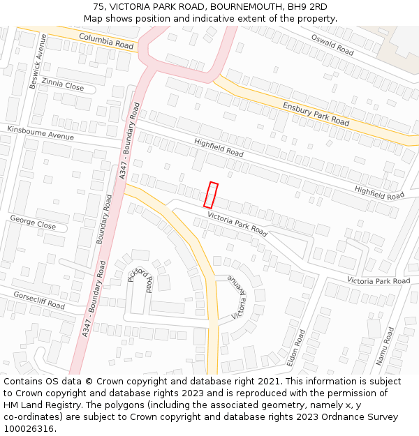 75, VICTORIA PARK ROAD, BOURNEMOUTH, BH9 2RD: Location map and indicative extent of plot