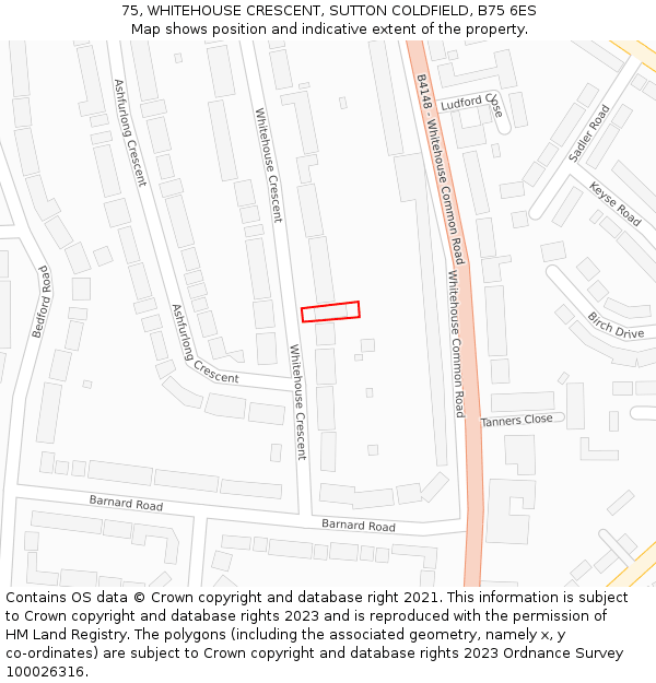 75, WHITEHOUSE CRESCENT, SUTTON COLDFIELD, B75 6ES: Location map and indicative extent of plot