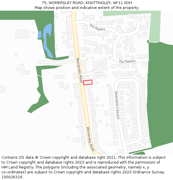 75, WOMERSLEY ROAD, KNOTTINGLEY, WF11 0DH: Location map and indicative extent of plot