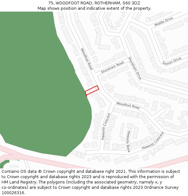 75, WOODFOOT ROAD, ROTHERHAM, S60 3DZ: Location map and indicative extent of plot